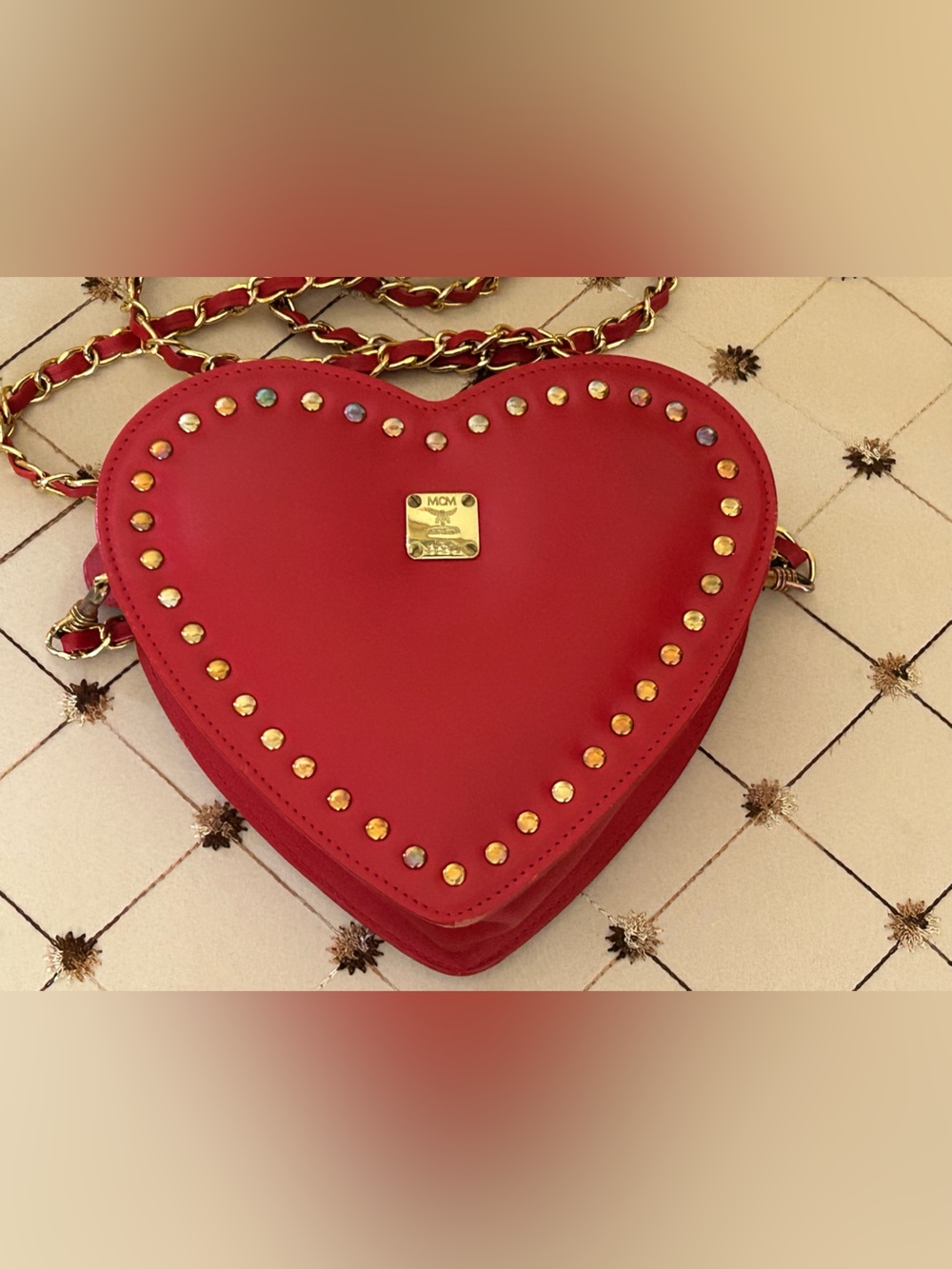 MCM Red Heart Studded Crossbody with Gold Chain Cromer Design - Picture 6 of 16